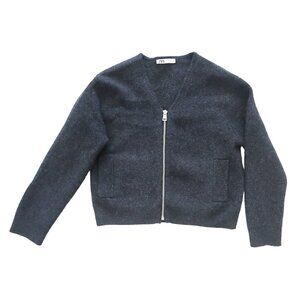 ZARA Dark Gray 100% Wool Chunky Silver Zip Bomber Cardigan Jacket S